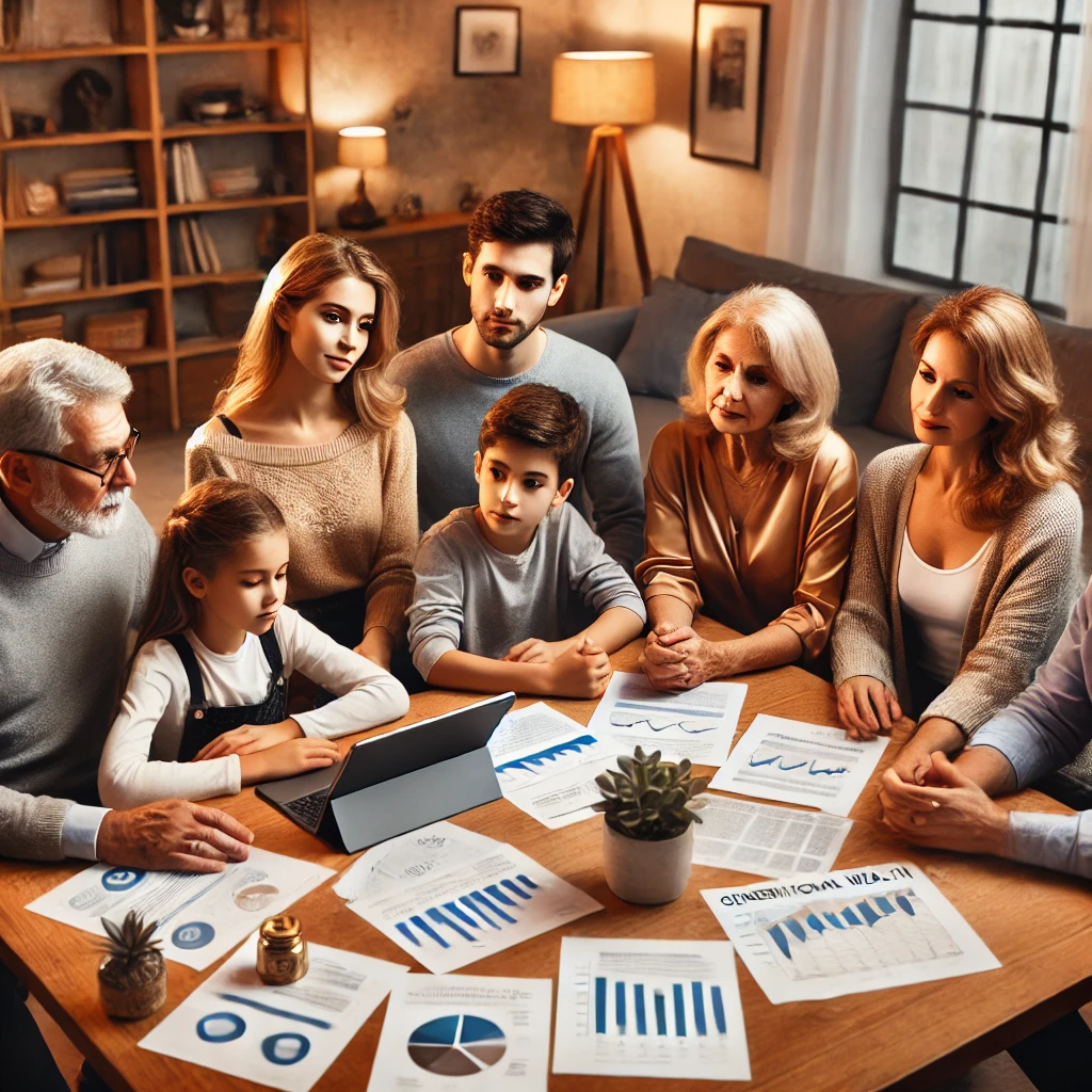 A family sitting together, planning financial strategies to build generational wealth.