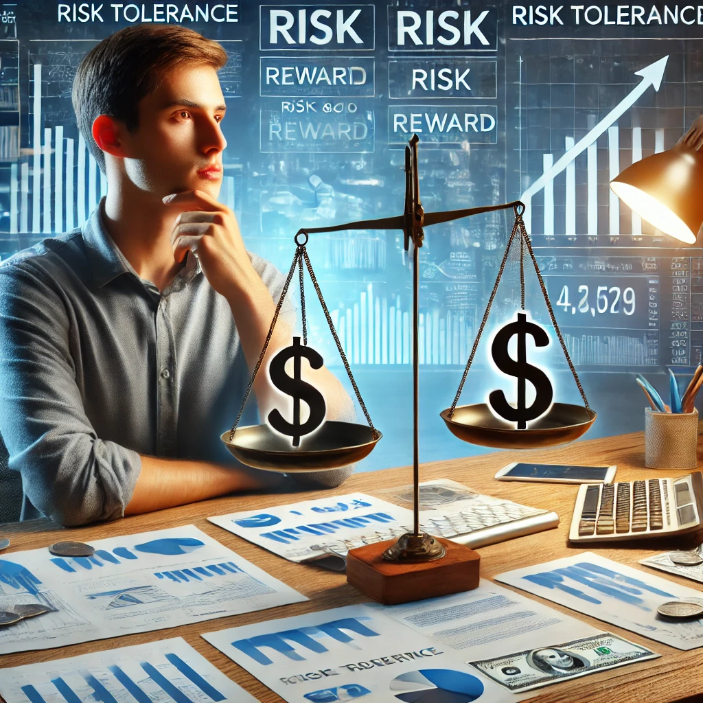 A person assessing risk tolerance before making investment decisions, balancing risk and reward.