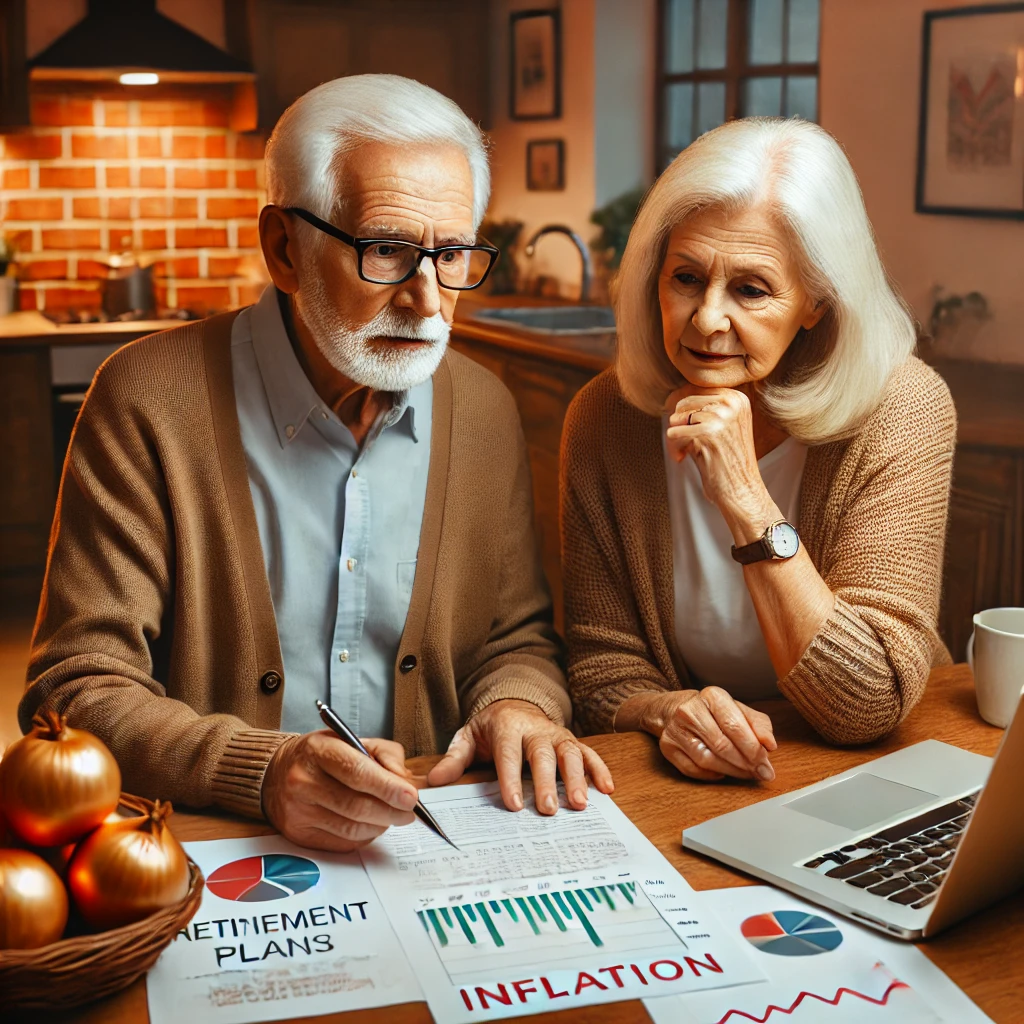 An elderly couple planning their retirement savings, discussing strategies to counter inflation risks.