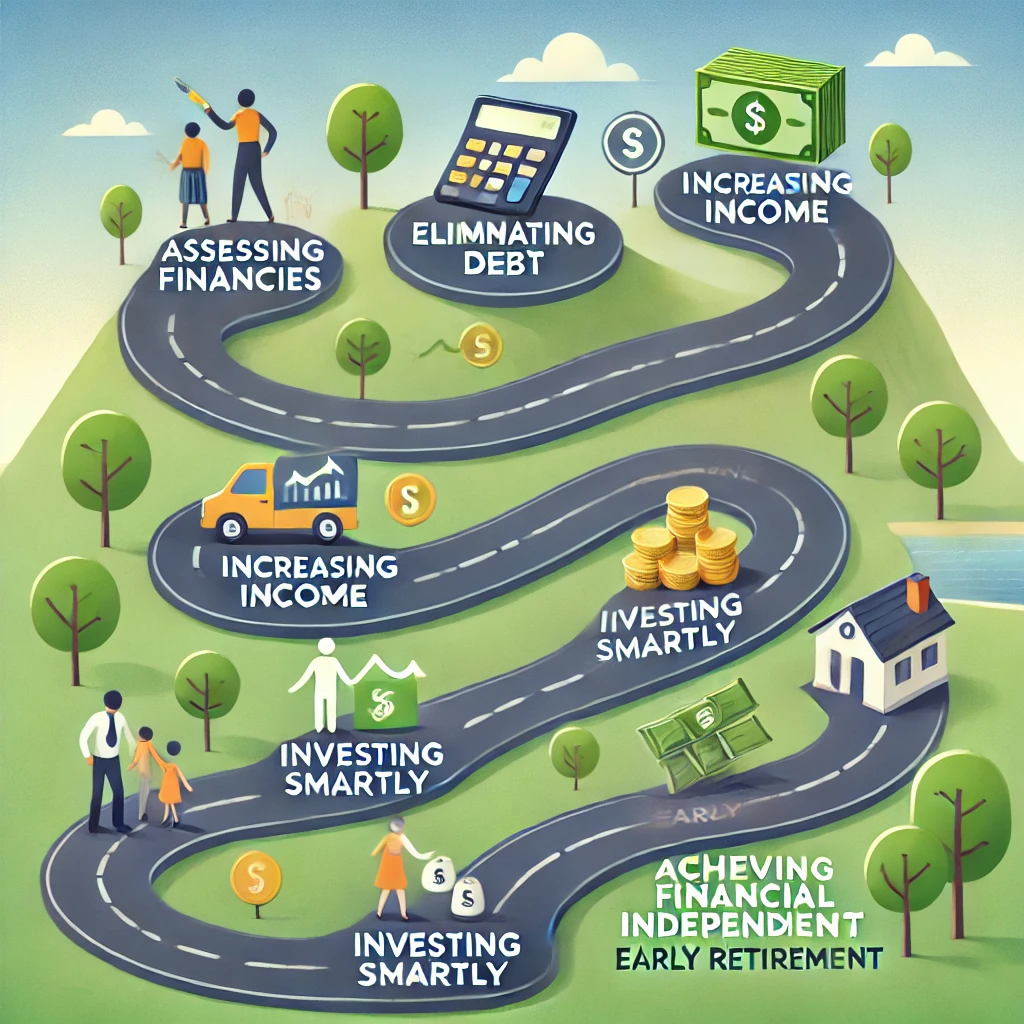 A roadmap illustrating steps to financial independence and early retirement.