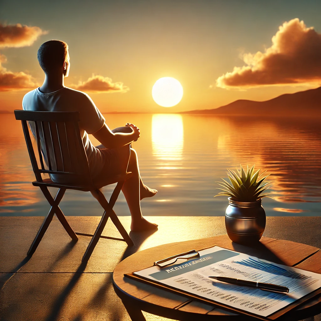 A peaceful retirement transition symbolized by a relaxed person watching a sunset with a financial plan nearby.