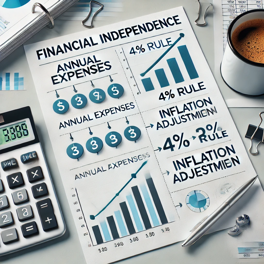 A calculator and financial chart showing the steps to calculate the Financial Independence Number.