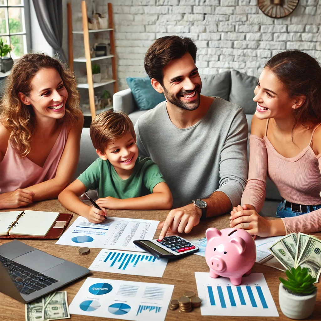 Family building financial independence through budgeting and smart investments.