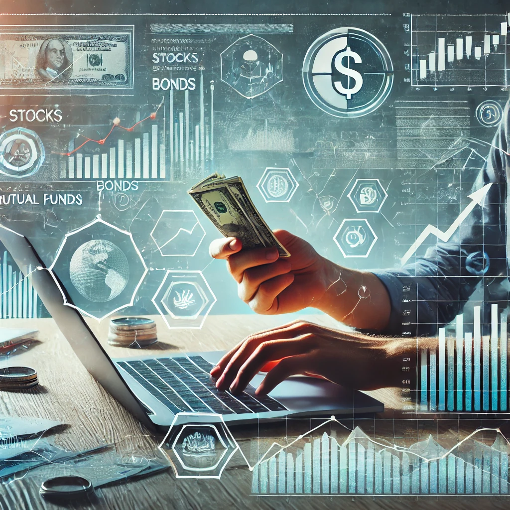 A beginner investor starting to invest with small amounts of money in stocks, bonds, and mutual funds